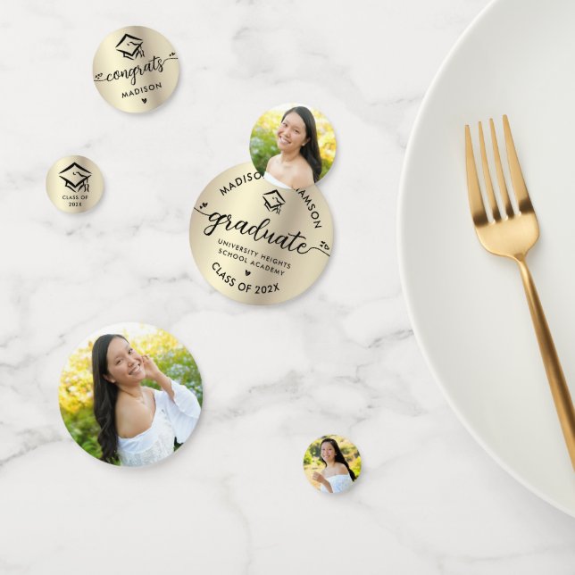 3 Foto Abschluss Black Gold Moderne Script Cap Konfetti (Gruppe)