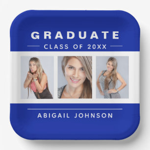 3 Foto Abschluss Collage Graduate Blau und Weiß Pappteller