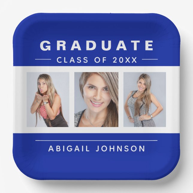 3 Foto Abschluss Collage Graduate Blau und Weiß Pappteller (Vorderseite)