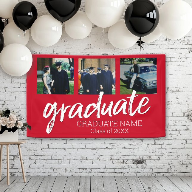 3 Foto Abschluss - Modernes Graduiertenskript Red Banner (Custom Graduation Banner for a Grad Party or Open House)