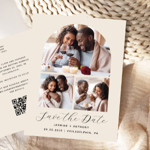 3-Foto-Arch Collage QR-Code Beige Save the Date Postkarte