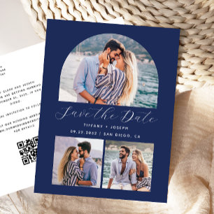 3 Foto Arch QR Code Navy Blue Save the Date Postkarte