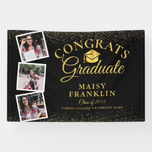 3 Foto Black and Gold Glitzer Graduation Party Banner