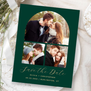 3-Foto-Bogen Smaragdgrün Gold Save-the-Date-Karte Postkarte
