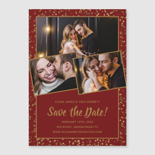3 Foto Burgundy Red Gold Save the Date Magneteinladung (Vorderseite)