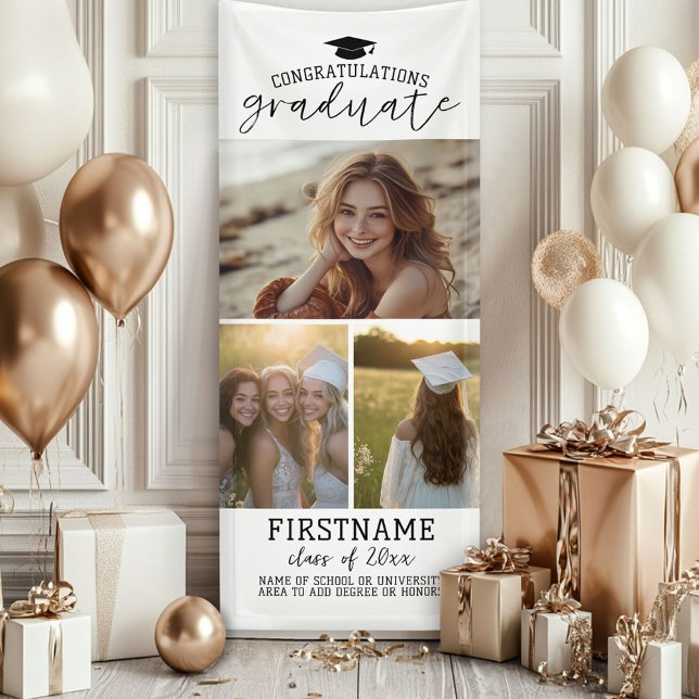 3 Foto Collage Abschluss Moderner Minimaler Weißer Banner (Custom Graduation Photo Banner - Great backdrop and Graduation Party Decoration)