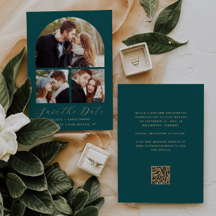 3-Foto Collage Arch Aquamarin Blue Gold QR Code Save The Date
