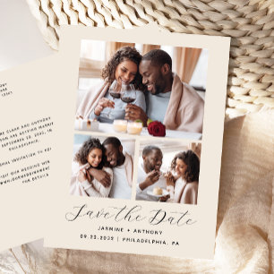 3-Foto Collage Beige Save the Date Postkarte
