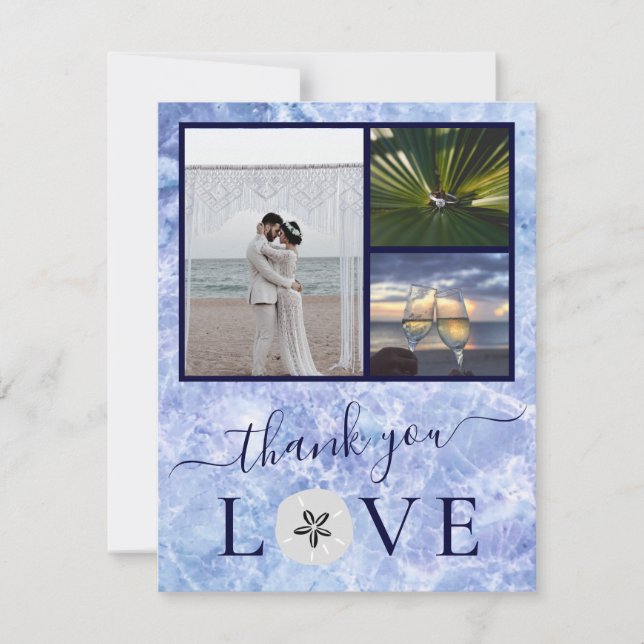3 Foto Collage Blue Water Sand Dollar Hochzeit Dankeskarte (Vorderseite)