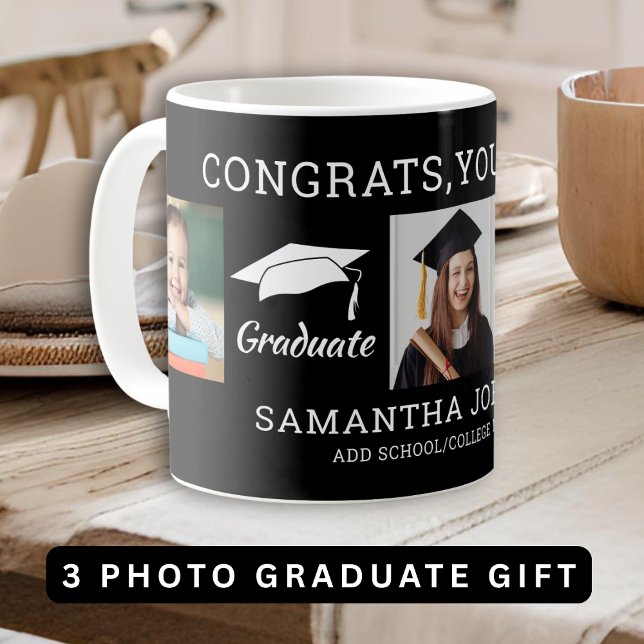 3 Foto Collage Glückwunsch Grad 2025 Schwarz Kaffeetasse (3 Photo Collage Congratulations Grad 2025 Black Coffee Mug)
