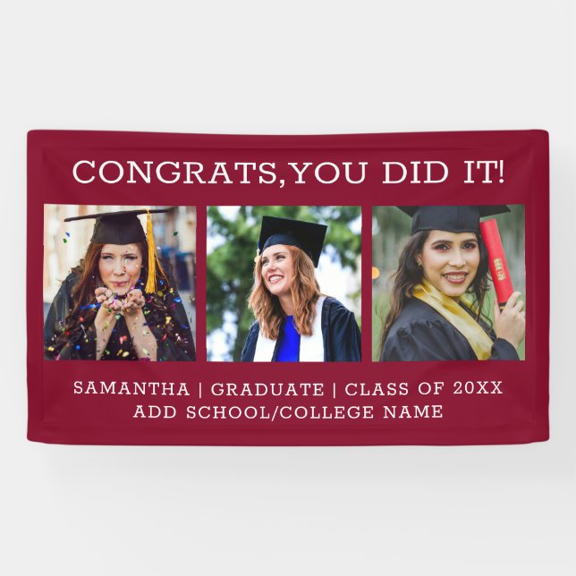 3 Foto Collage Glückwunschs 2021 Graduate Burgund Banner (Horizontal)