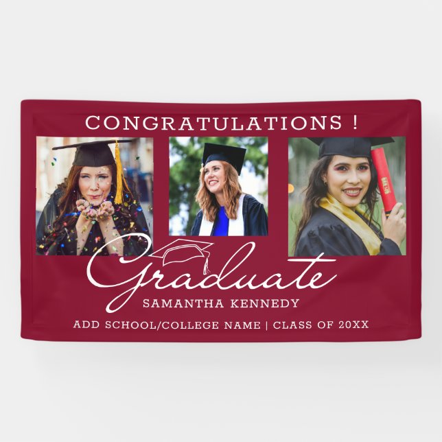 3 Foto Collage Gratulation Graduate Burgundy Banner (Horizontal)