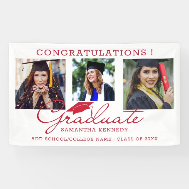 3 Foto Collage Herzlichen Glückwunsch Graduate Red Banner (Horizontal)