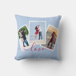 3 Foto-Collage Liebe Roter Schriftzug Hellblau Kissen