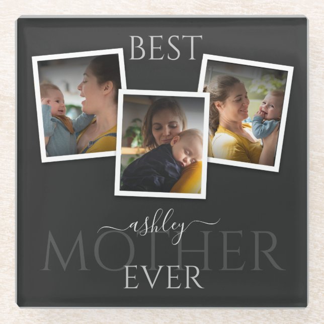 3 Foto Collage Mama Familienmüttertag Glasuntersetzer (Vorderseite)
