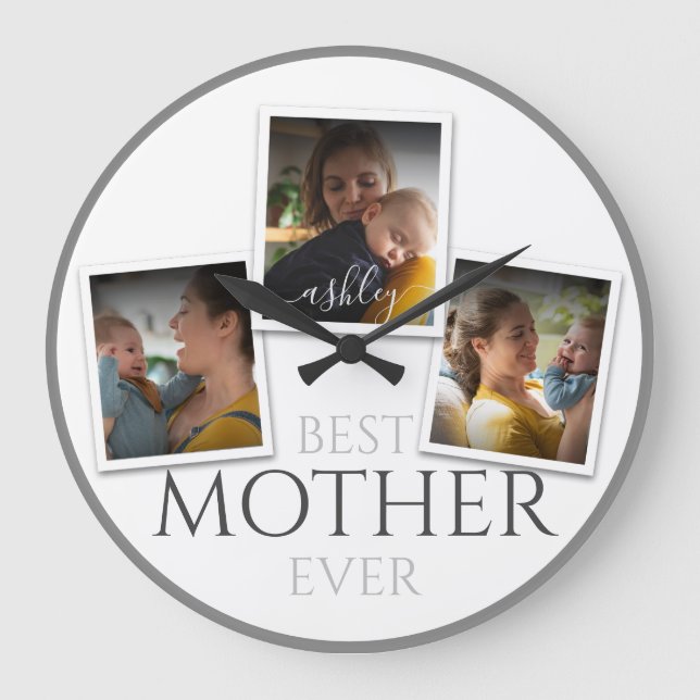 3 Foto Collage Mama Familienmüttertag Große Wanduhr (Vorderseite)