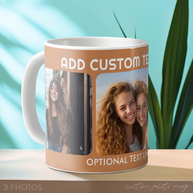 3-Foto-Collage mit 2 Plätzen für Text Kaffeetasse (Custom Photo Mug with 3 Photos)