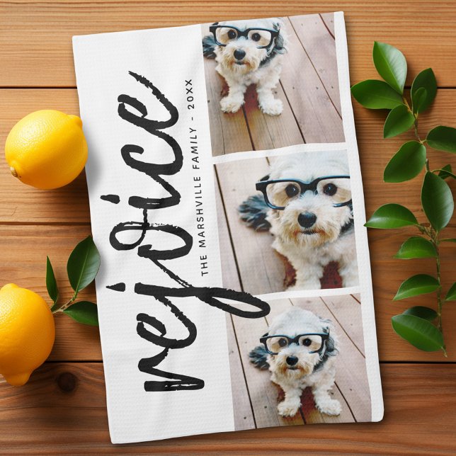 3 Foto Collage - Moderne frohe Weihnachtsfeier Geschirrtuch (Personalized Kitchen Towel with photos and text - Makes a great gift)