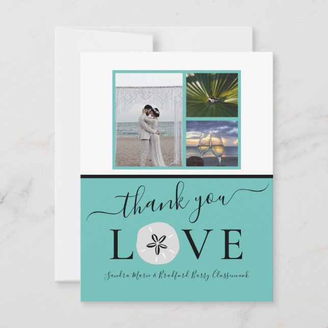 3 Foto Collage Sanddollar Aquamarin Black Wedding  Dankeskarte (Vorderseite)