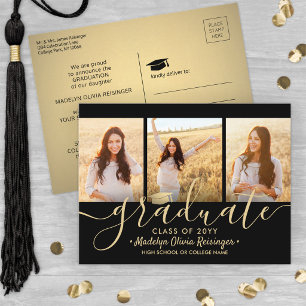 3 Foto Collage Schrift Schwarz und Gold Abschluss Ankündigungspostkarte