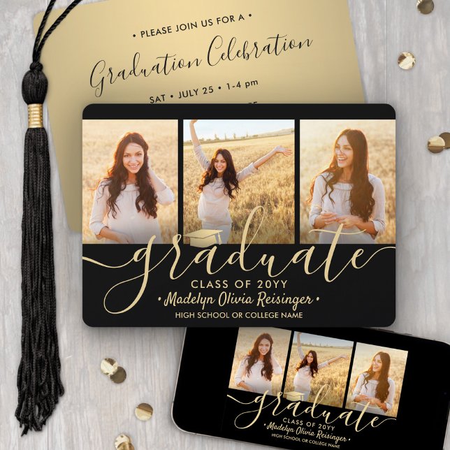 3 Foto Collage Script Black Gold Graduation Party Einladung (Von Creator hochgeladen)