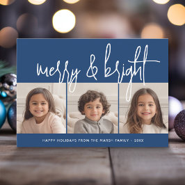 3 Foto Collage Script blau weiß Merry Bright Feiertagskarte