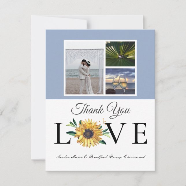 3 Foto Collage Sonnenblume Dusty Blue Wedding Dankeskarte (Vorderseite)