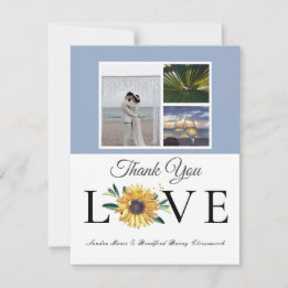3 Foto Collage Sonnenblume Dusty Blue Wedding Dankeskarte