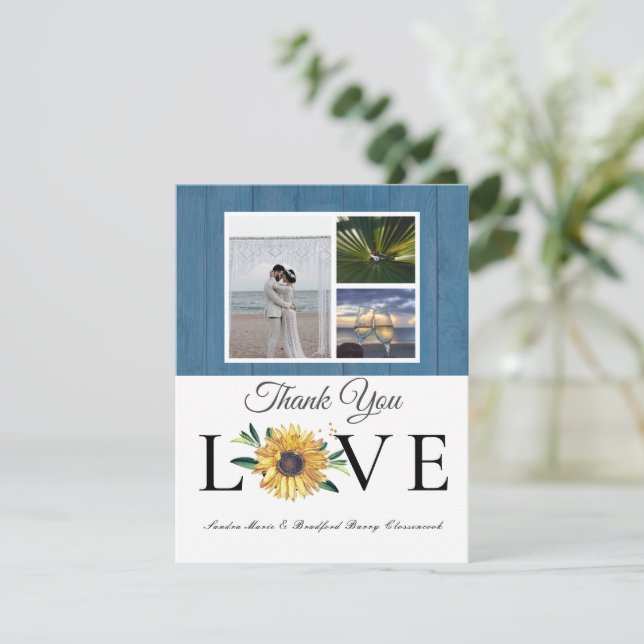 3-Foto-Collage Sonnenblume Dusty Blue Wood Wedding Dankeskarte (Stehend Vorderseite)