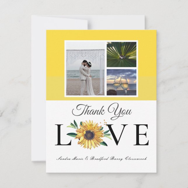 3-Foto-Collage Sonnenblume Grau-Gelbe Hochzeit Dankeskarte (Vorderseite)