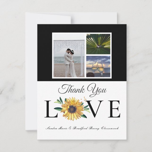 3 Foto Collage Sonnenblume Grau-Gelbe Hochzeit Tha Dankeskarte (Vorderseite)