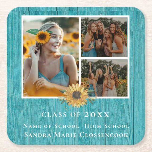 3 Foto Collage Sunflower Yellow Graduierungsparty Rechteckiger Pappuntersetzer (Vorderseite)