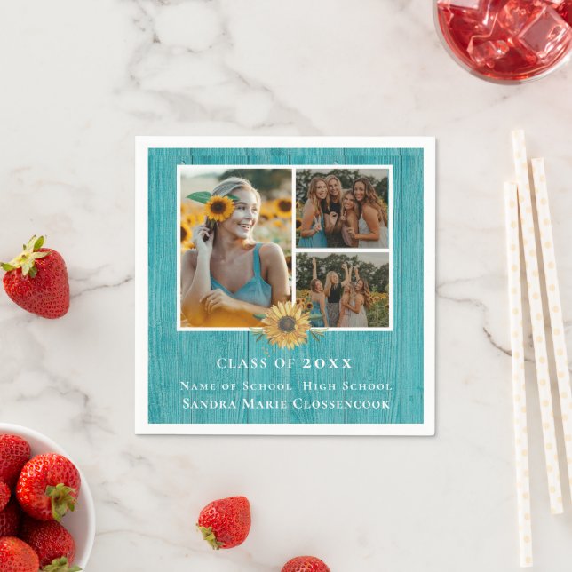 3 Foto Collage Sunflower Yellow Graduierungsparty Serviette (Beispiel)