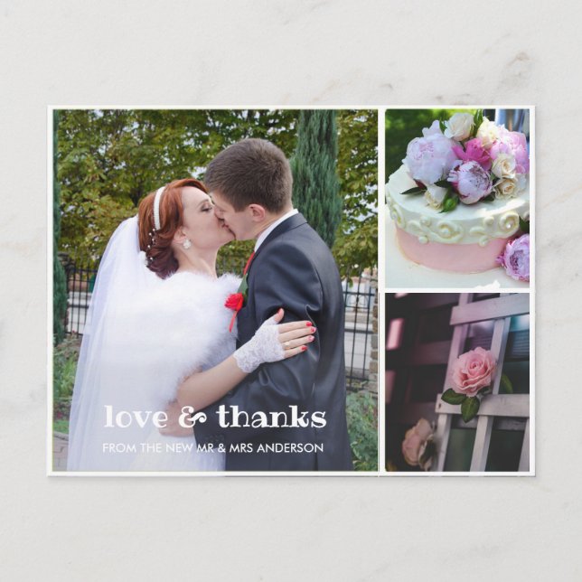 3 Foto Collage Wedding Vielen Dank Postcard Postkarte (Vorderseite)