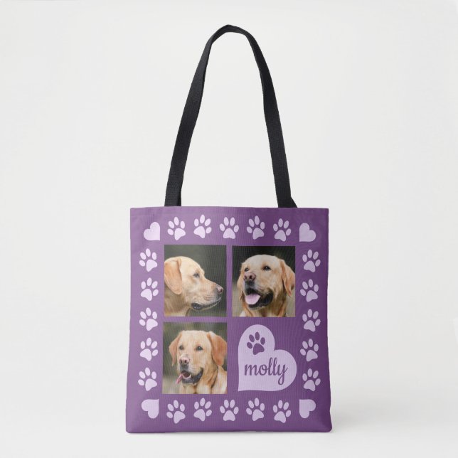 3 Foto-Collagen-Hundenamen-lila Herz Tasche (Vorderseite)