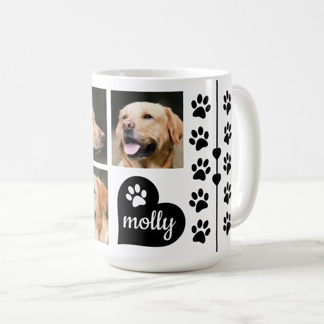 3 Foto-Collagen-Hundenamen-Schwarz-Herz Kaffeetasse (VorderseiteRechts)