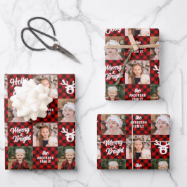 3 Foto Family Buffalo Karierter Weißer Rentier Geschenkpapier Set