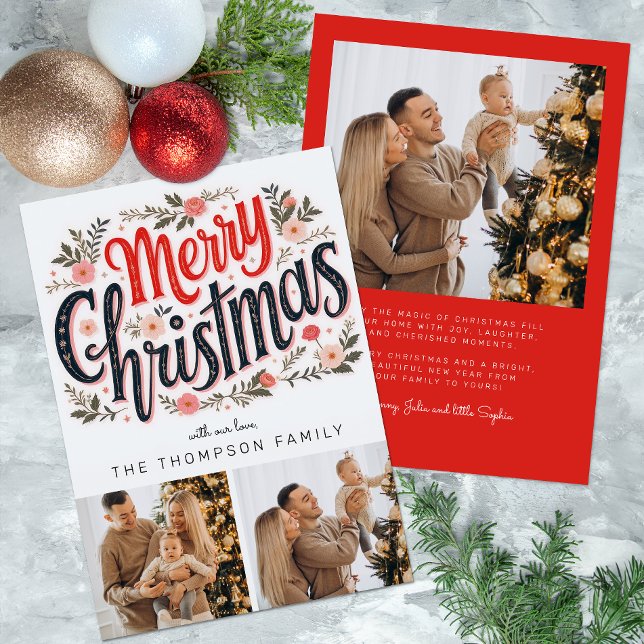 3 Foto Frohe Weihnachten Botanische Weihnachtskart (3 Photo Floral Christmas Card)