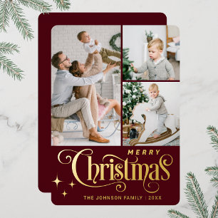 3 FOTO Glänzendes Frohe Weihnachten Gruß Gold Folien Feiertagskarte