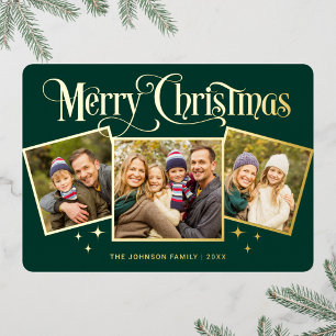 3 FOTO Glänzendes Frohe Weihnachten Gruß Gold Folien Feiertagskarte