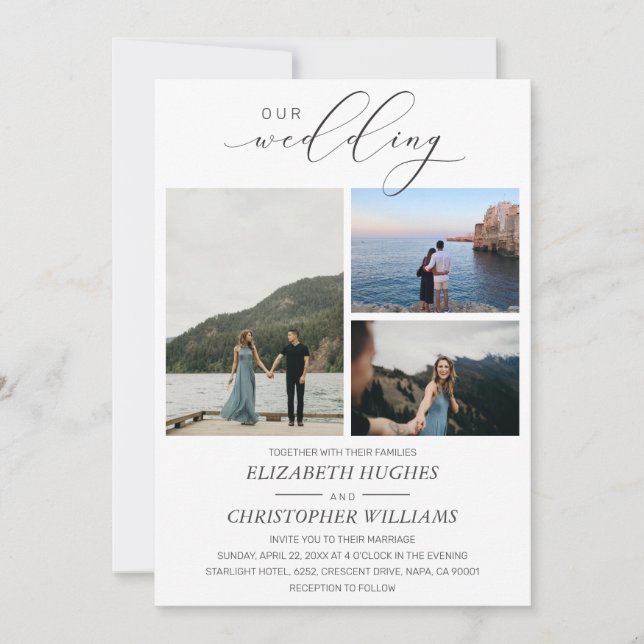 3 Foto Handschrift Unsere Hochzeit Einladung (Vorderseite)