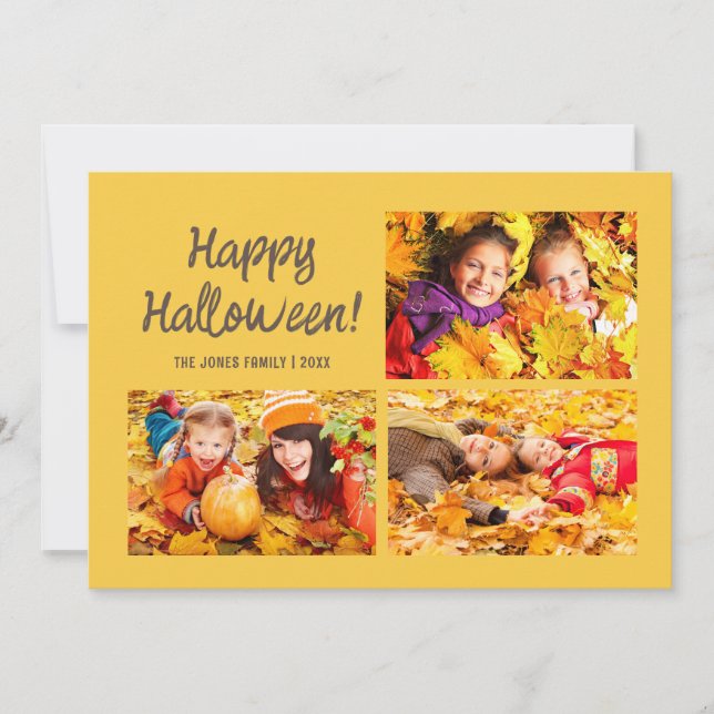 3 Foto Happy Halloween Yellow Orange Pumpkin Mitteilungskarte (Vorderseite)
