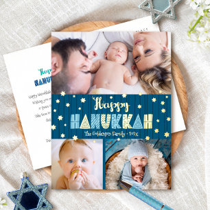 3 Foto Happy Hanukkah Modern Aquamarin Blue Real G Folien Feiertagspostkarte