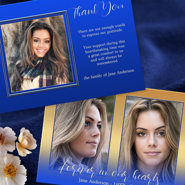 3 Foto Herzlichen Dank Beileid Karten (Funeral or memorial Thank You card featuring 3 custom photos on royal and navy blue with gold)