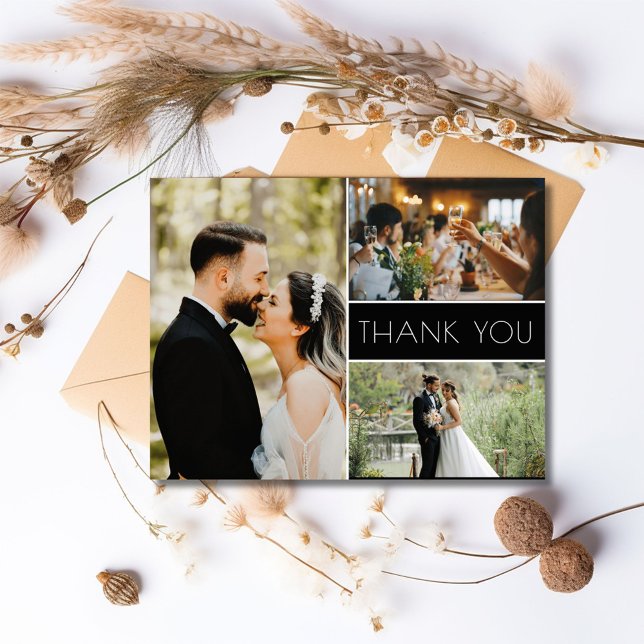 3 Foto Hochzeit Vielen Dank Postkarte (3 Photo Script Wedding Thank You Postcard)