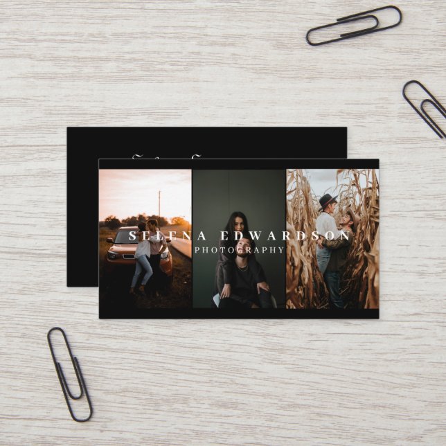 3 Foto Lässig, modern Schwarz/Weiß Visitenkarte (Vorderseite/Rückseite Beispiel)
