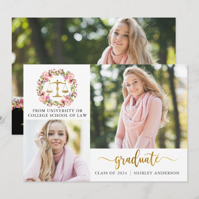 3 Foto Law School Abschluss Blumenverkündung Einladung (Vorne/Hinten)