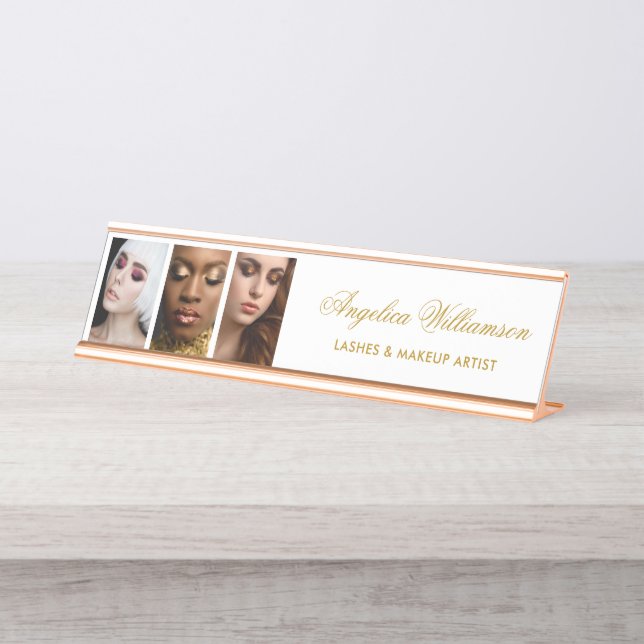 3 Foto Makeup Lashes Salon Name Plakat Schreibtischnamensplakette (Vorderseite )
