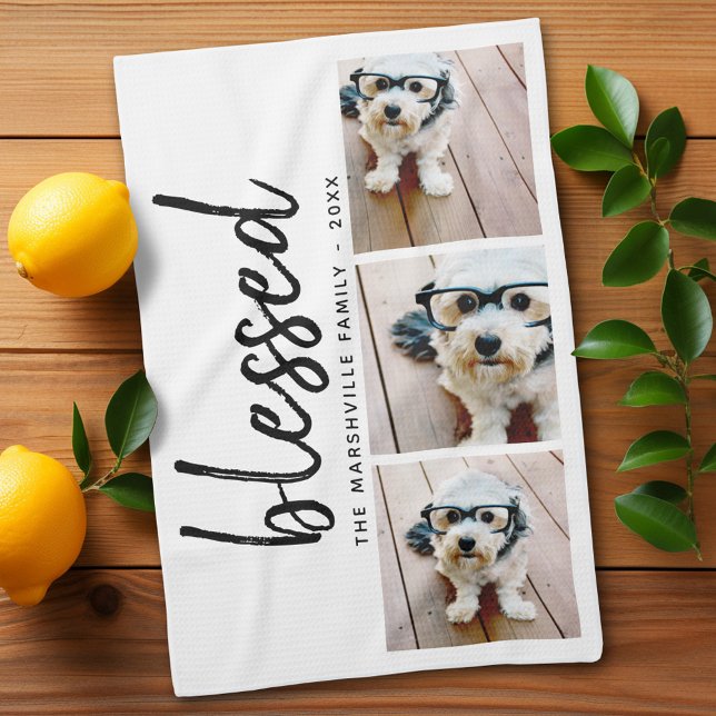 3 Foto mit moderner Kalligraphie - gesegnet Geschirrtuch (Personalized Kitchen Towel with photos and text - Makes a great gift)