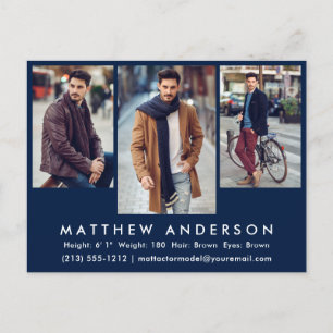 3 Foto Model Actor Foto Comp Card Postcard Blau Postkarte